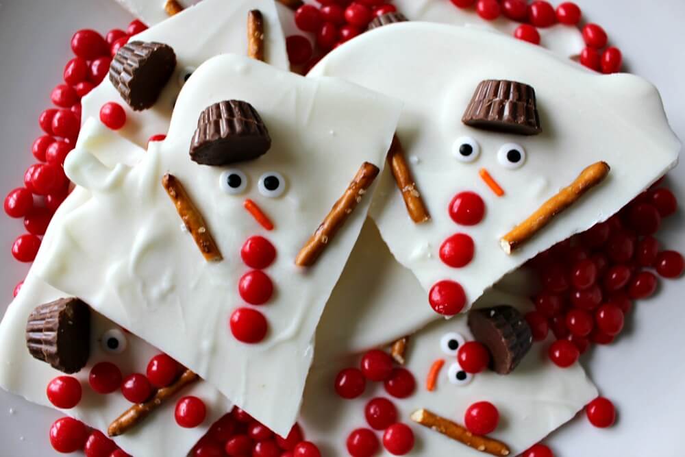 Chocolate bark decorated as melted snowmen