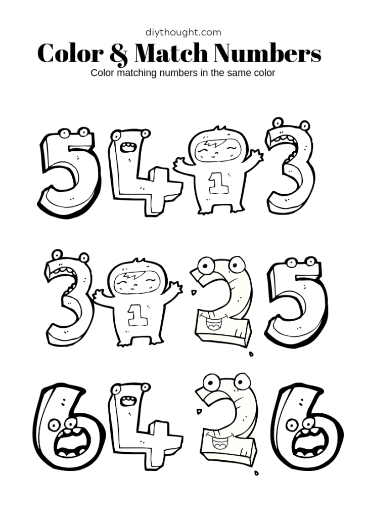monster number color and match worksheet. Free printable.