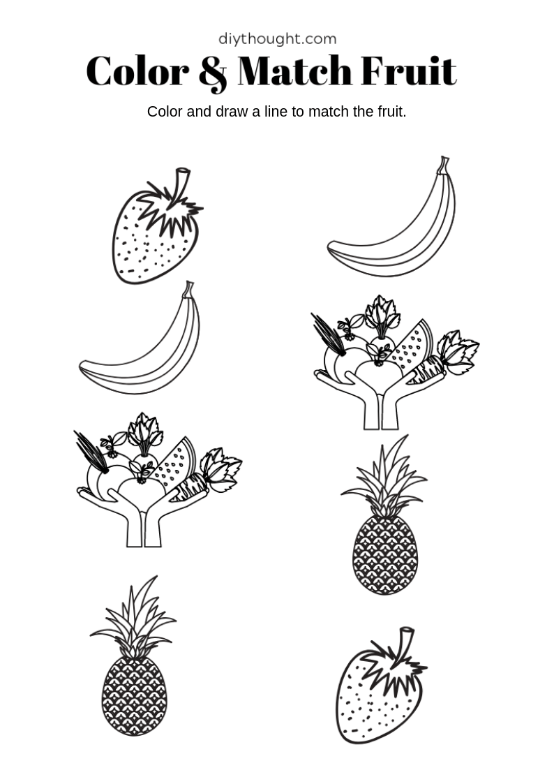 preschool fruit matching and color worksheet.
