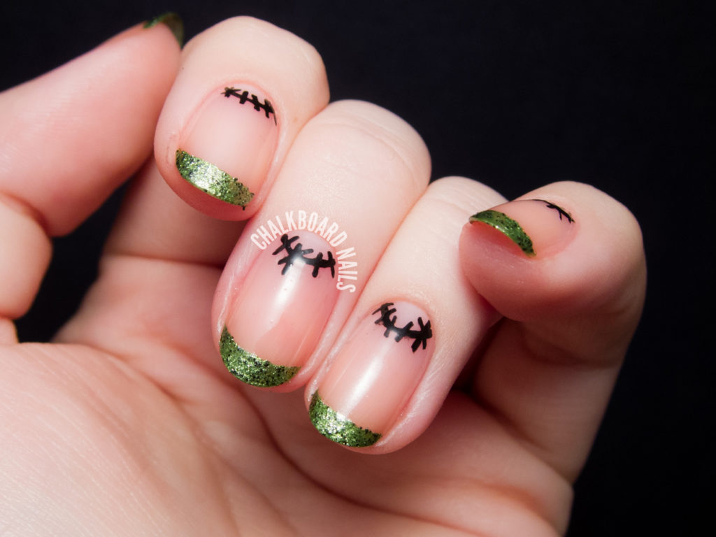 Frankenstein French and Simple Stitched Moons nail art 