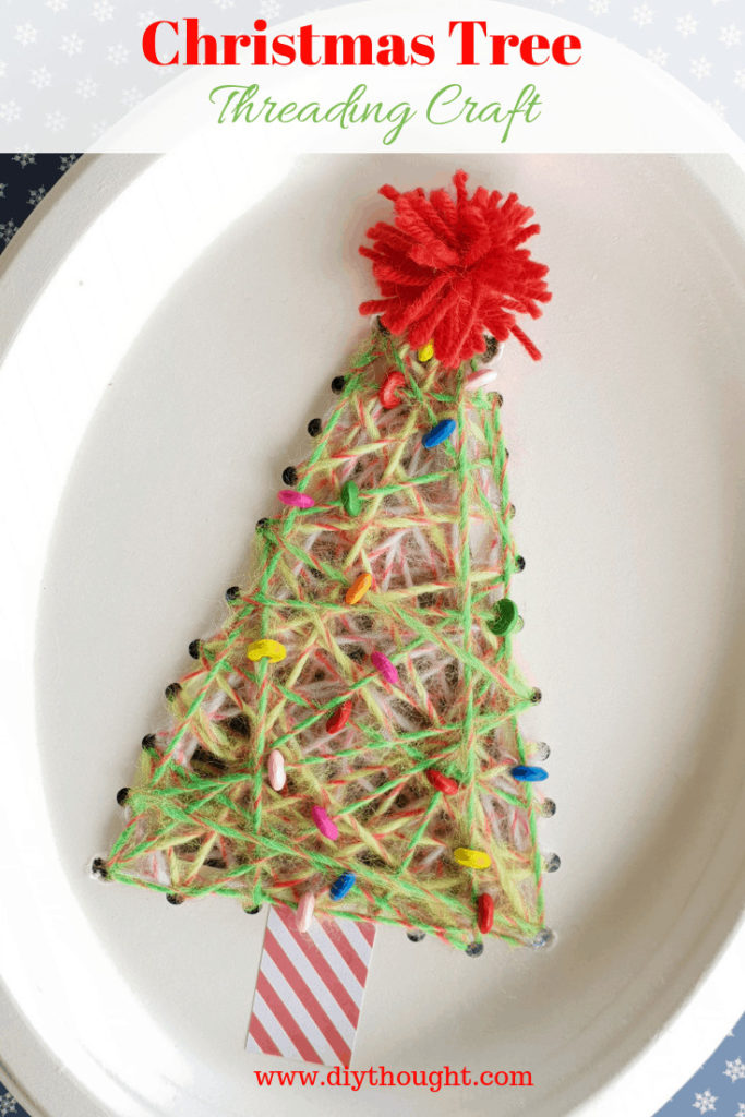christmas tree paper plate threading craft