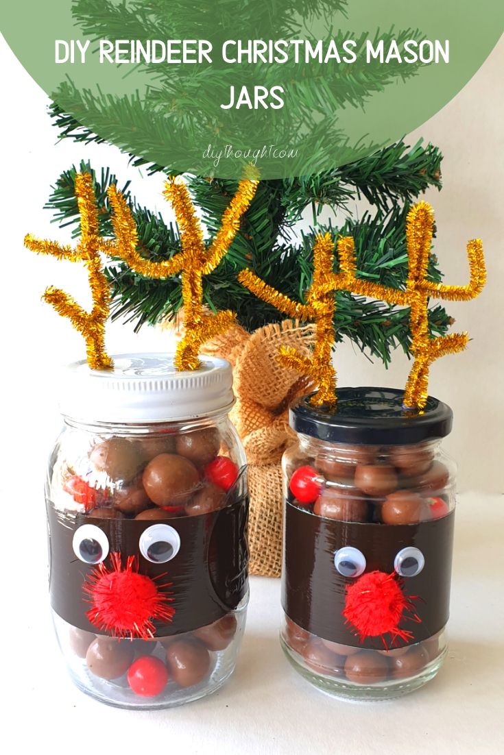 Mason jar painted as a reindeer and filled with chocolates