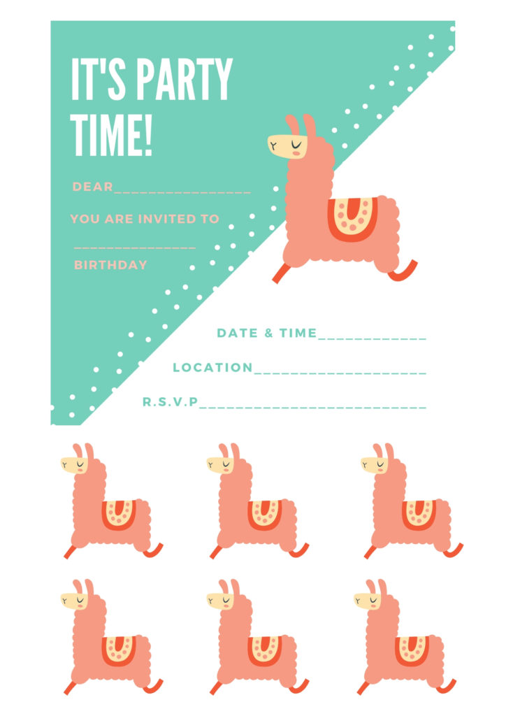 llama party invite with cupcake topper printable