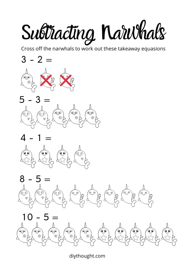 subtracting narwhals math worksheet