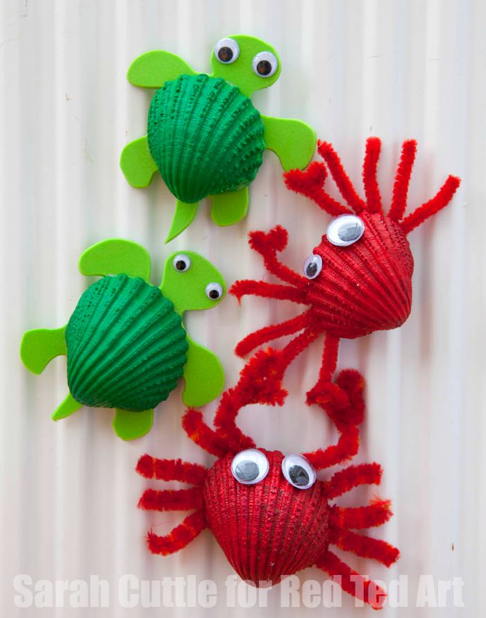 seashell crafts for kids crab and turtle magnets