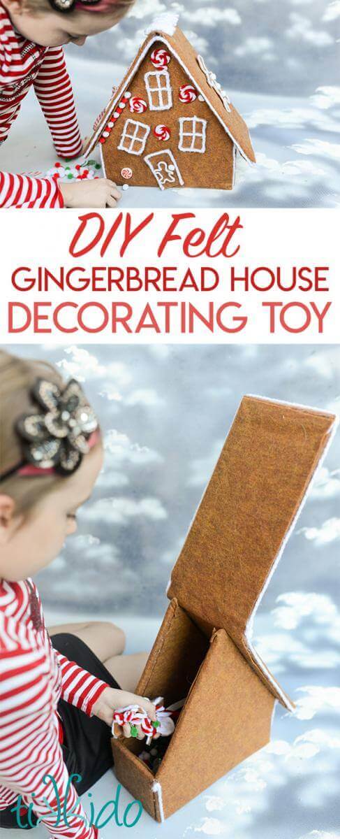 Felt gingerbread house toy with felt decorations