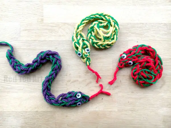 finger knitted snakes